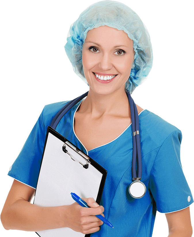 A woman in scrubs holding a clipboard and pen.