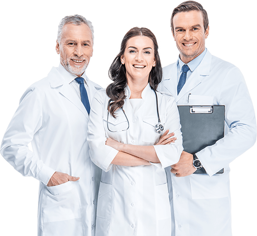 Three doctors are standing together in white lab coats.