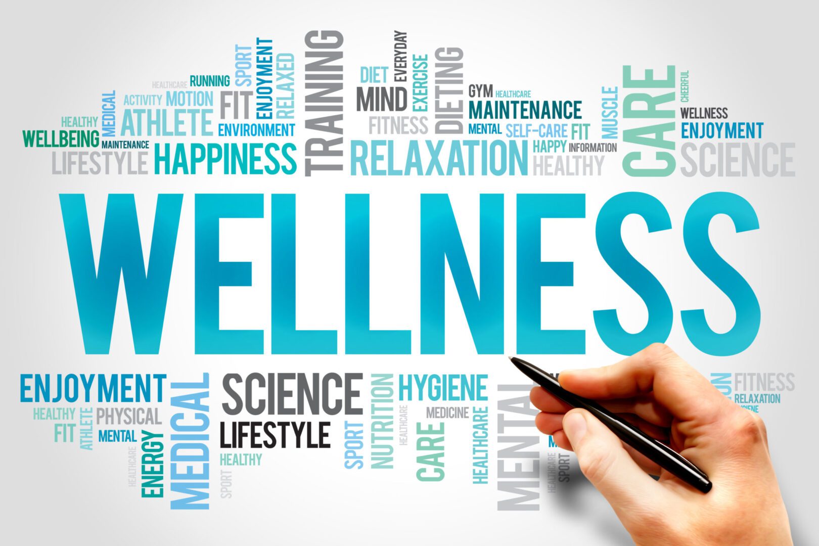 A person writing the word wellness in different languages.